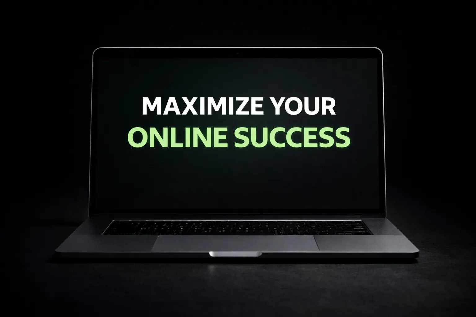 Bold headline on laptop screen, minimal layout, strong contrast, 16:9