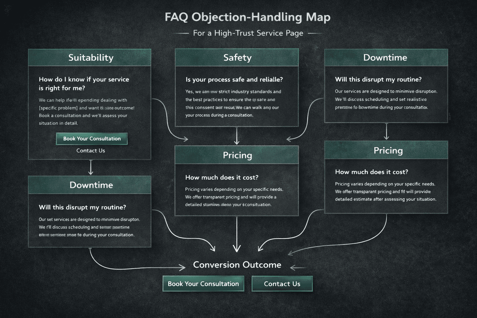 Objection-handling FAQ map covering suitability, safety, downtime, pricing, and expected results