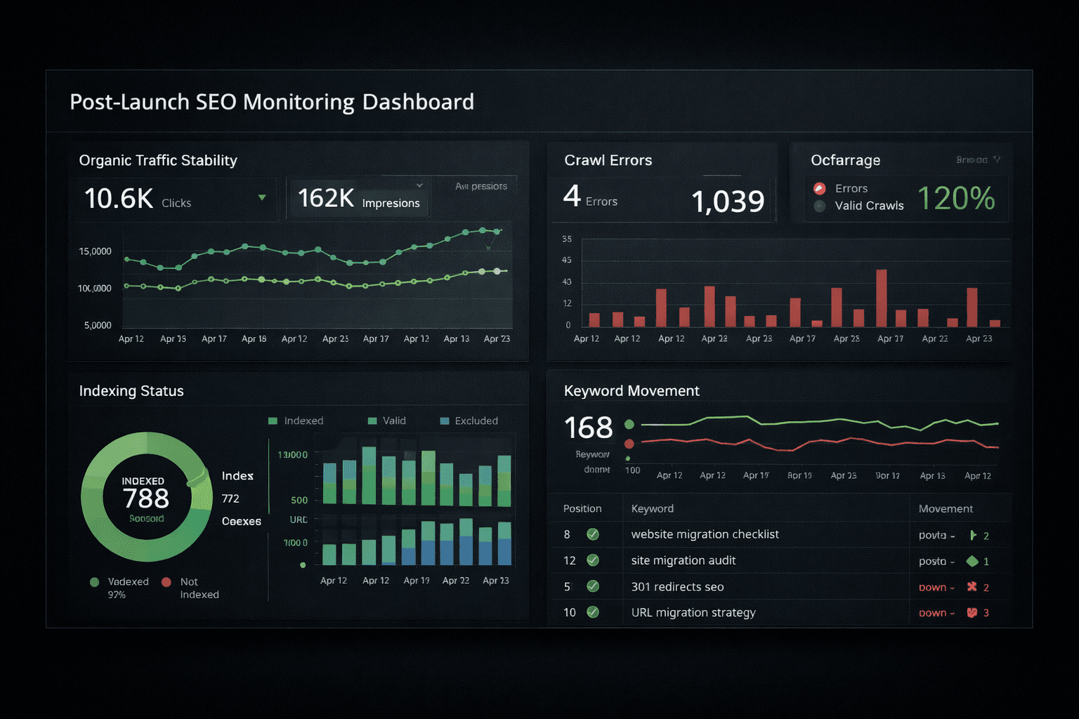 Post-launch SEO monitoring dashboard tracking organic traffic, indexing health, crawl errors, and keyword movement