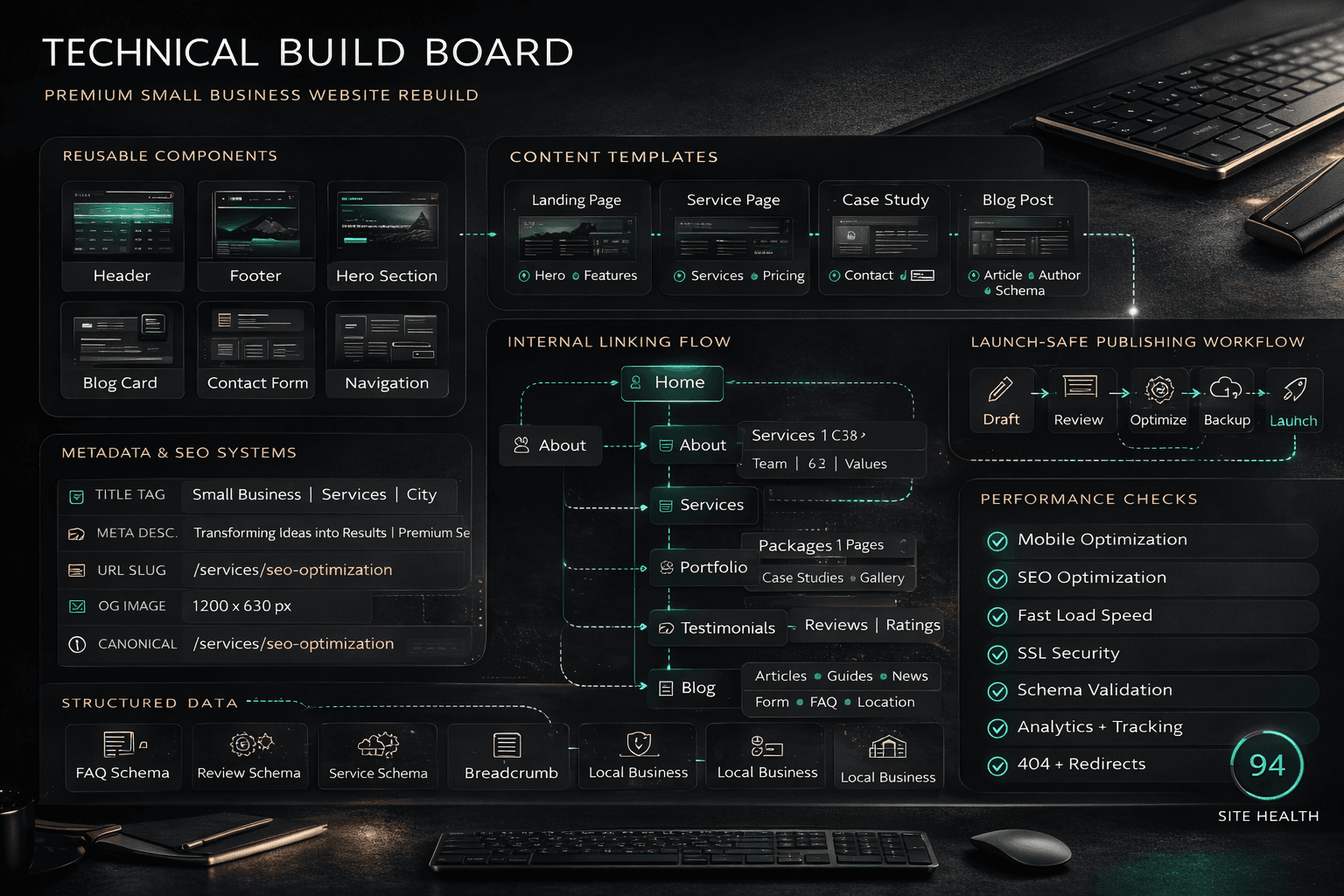 Technical build board showing reusable components, content templates, and launch-safe systems for a small business website rebuild