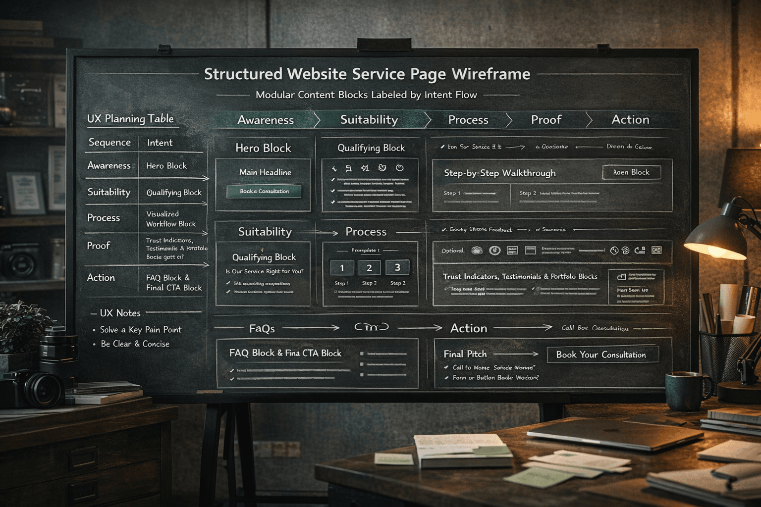 Service page framework showing section sequence from intent-matched hero to final CTA block