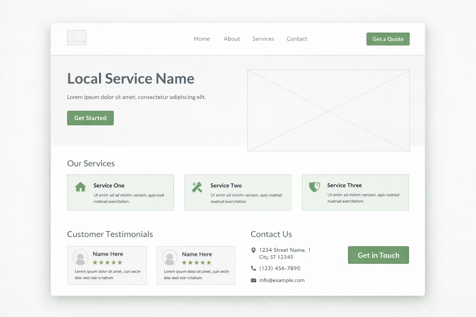 Simple wireframe of local service page layout with sections highlighted, green accent, clean minimal design, 16:9