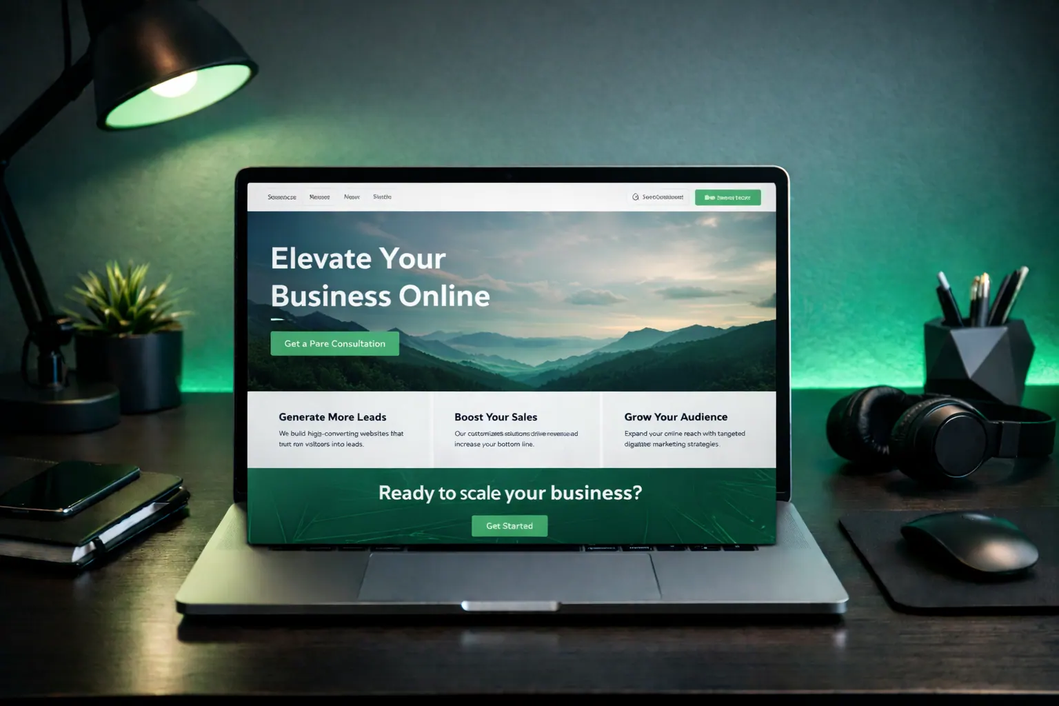 Modern clean business website mockup on laptop with green accent lighting, conversion concept, 16:9