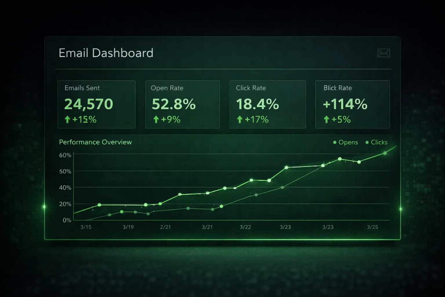 Simple email dashboard analytics graph trending upward, emerald green line chart, clean minimal UI, 16:9