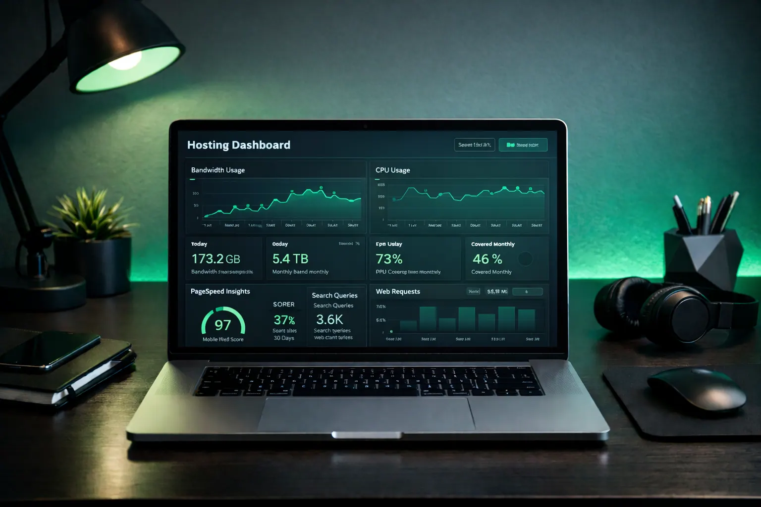 Clean laptop with hosting dashboard analytics and speed graphs, green glow aesthetic, 16:9