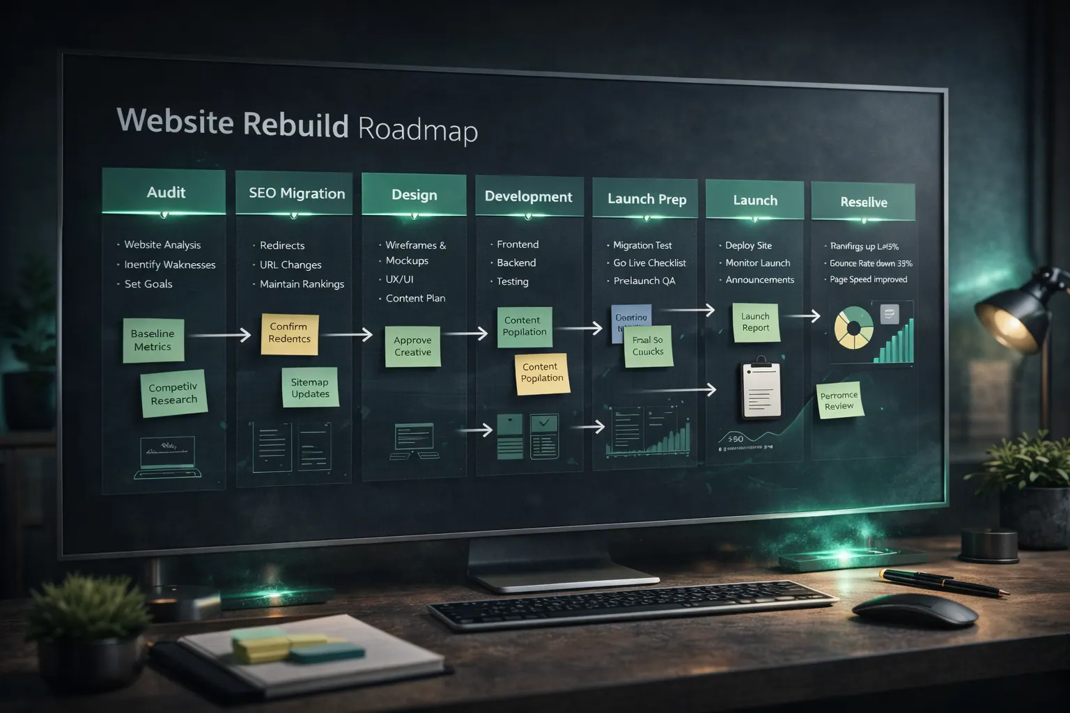 Website growth roadmap visual showing audit, SEO migration, service pages, design, build, and launch