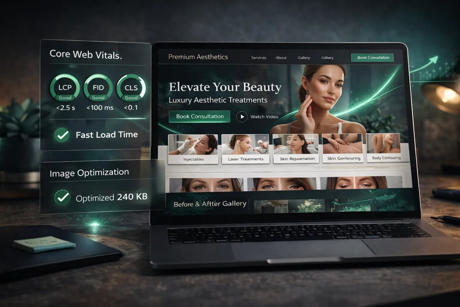 Website speed dashboard highlighting Core Web Vitals performance targets for conversion-focused web design