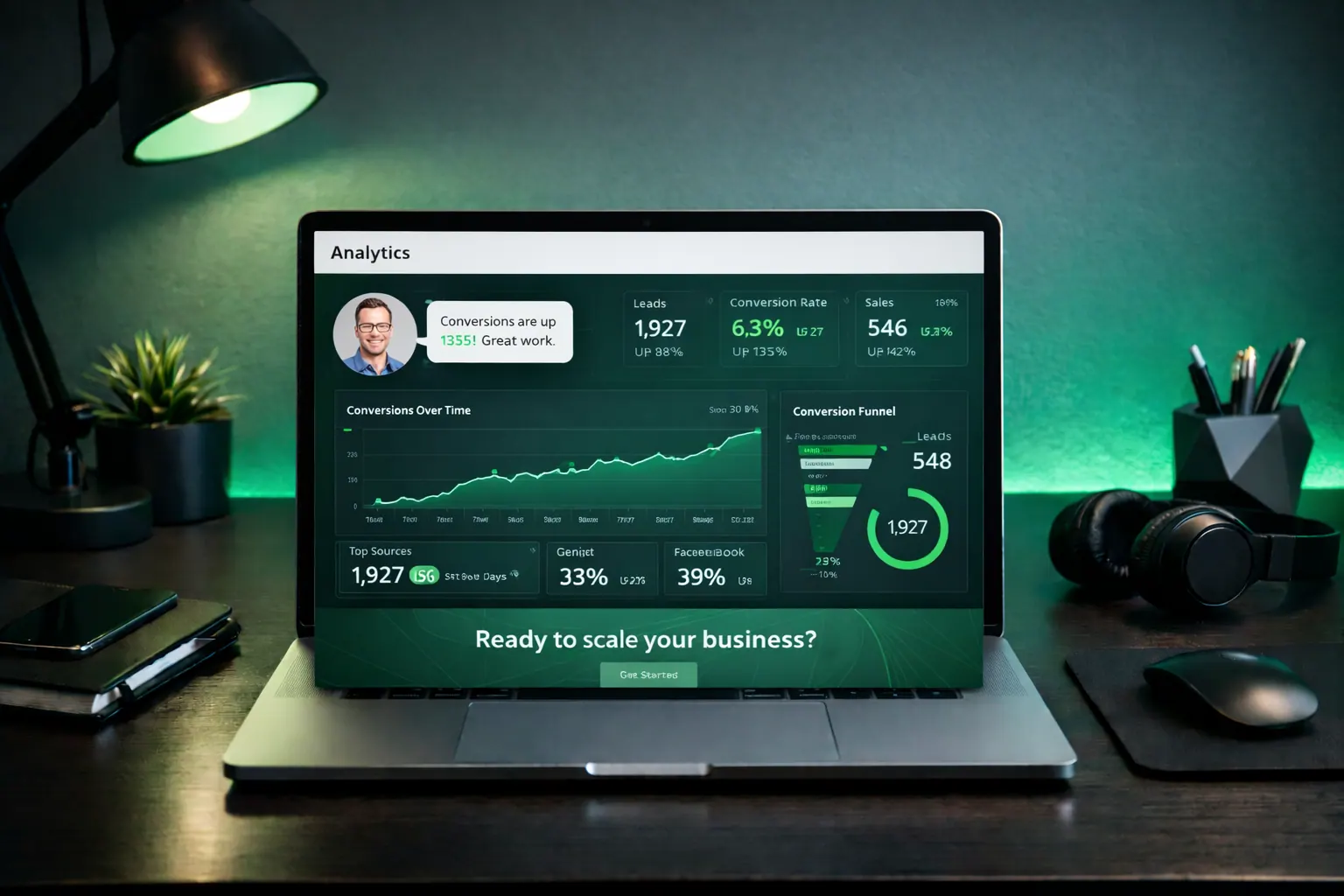 Happy client analytics dashboard with rising conversions, green charts, 16:9