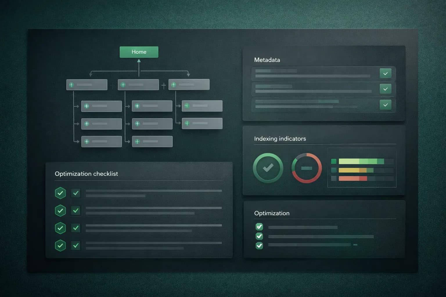 SEO and performance checklist view showing metadata, indexing and technical audit priorities