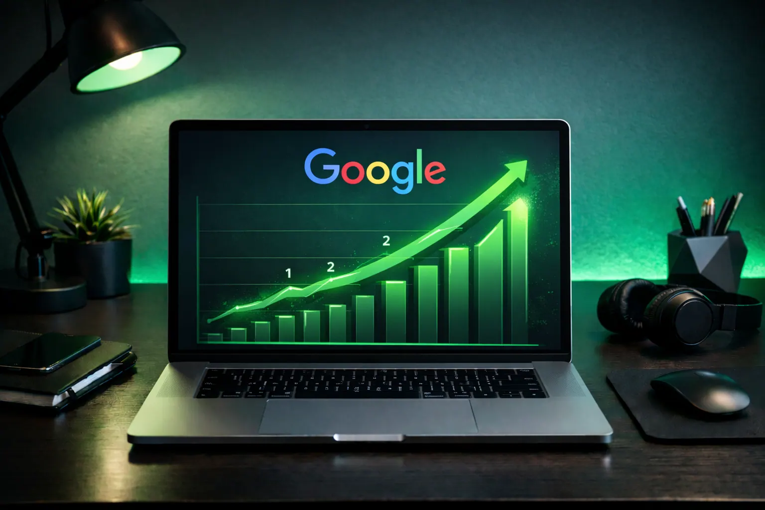 Laptop showing Google search rankings graph rising, green glow, modern workspace, 16:9