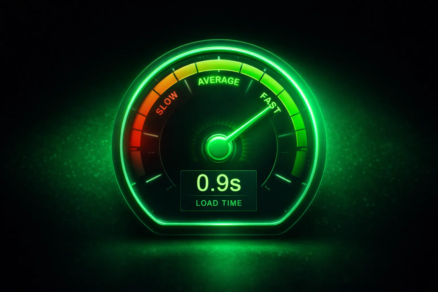 Website speedometer gauge showing fast loading, neon green, 16:9