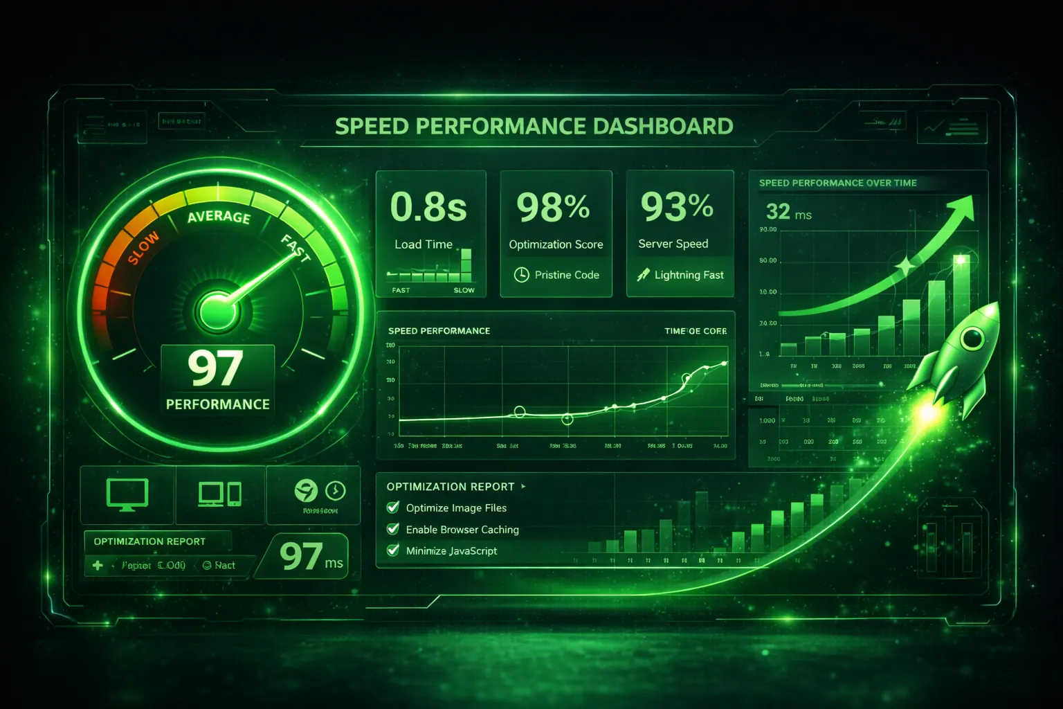 Speed gauge dashboard glowing neon green, futuristic performance concept, 16:9